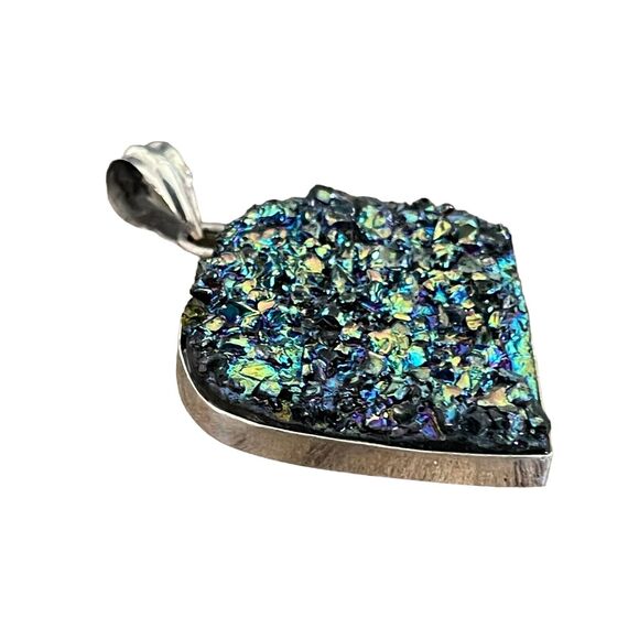 Sterling Silver Marked 925 Peacock Rainbow Colors Aura Druzy Quartz Pendant - Picture 4 of 7